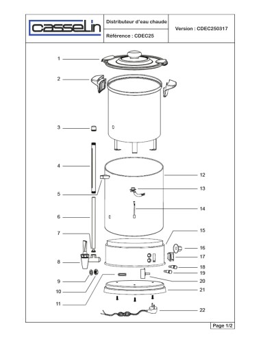 Pièces détachées pour Distributeur d'eau chaude 25L - Référence CDEC25 - Casselin 